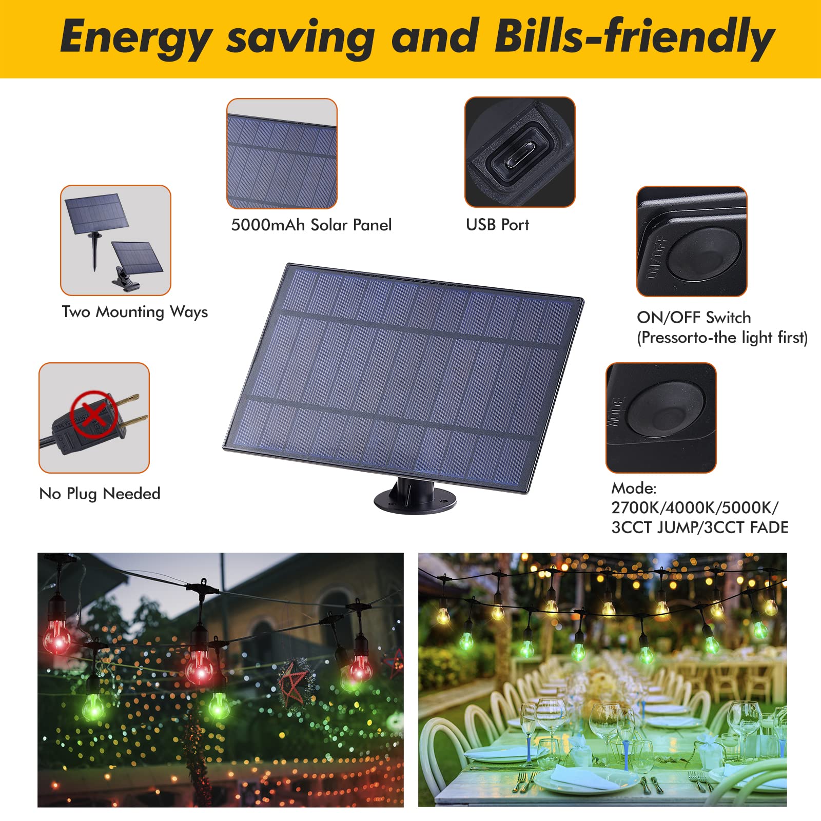 96FT Solar Outdoor RGB String Lights with Remote - Dimmable Shatterproof Edison Bulbs for Patio, Yard, Party & Commercial Use | Perfect for Cafe Decor, Garden Lighting & Outdoor Events