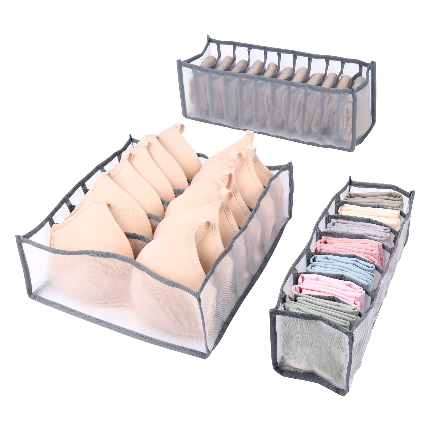 3-Piece Underwear Organizer Set with 6,7,11 Grids - Portable Wardrobe Storage Baskets for Bras, Socks, Underwear, Jeans & Scarves - Gray Closet Drawer Organizer for Bedroom & Travel Use
