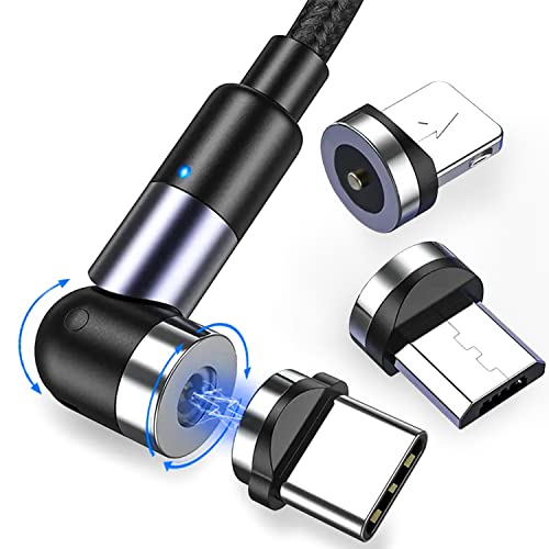 360° Magnetic Charging Cable - 3-in-1 Fast Charger with Micro USB, Type C & Lightning Connectors | Smart Rotating Design | Compatible with iPhone, Samsung, Android | Nylon Braided & Unbreakable | 3FT Length for Car, Home & Office Use