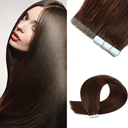 Amesun 20Pcs Tape In Human Hair Extensions - 22 Inch Straight Real Hair with Highlight Skin Weft - Seamless & Natural Look (#2 Darkest Brown) | Perfect for Daily Wear, Parties & Special Occasions