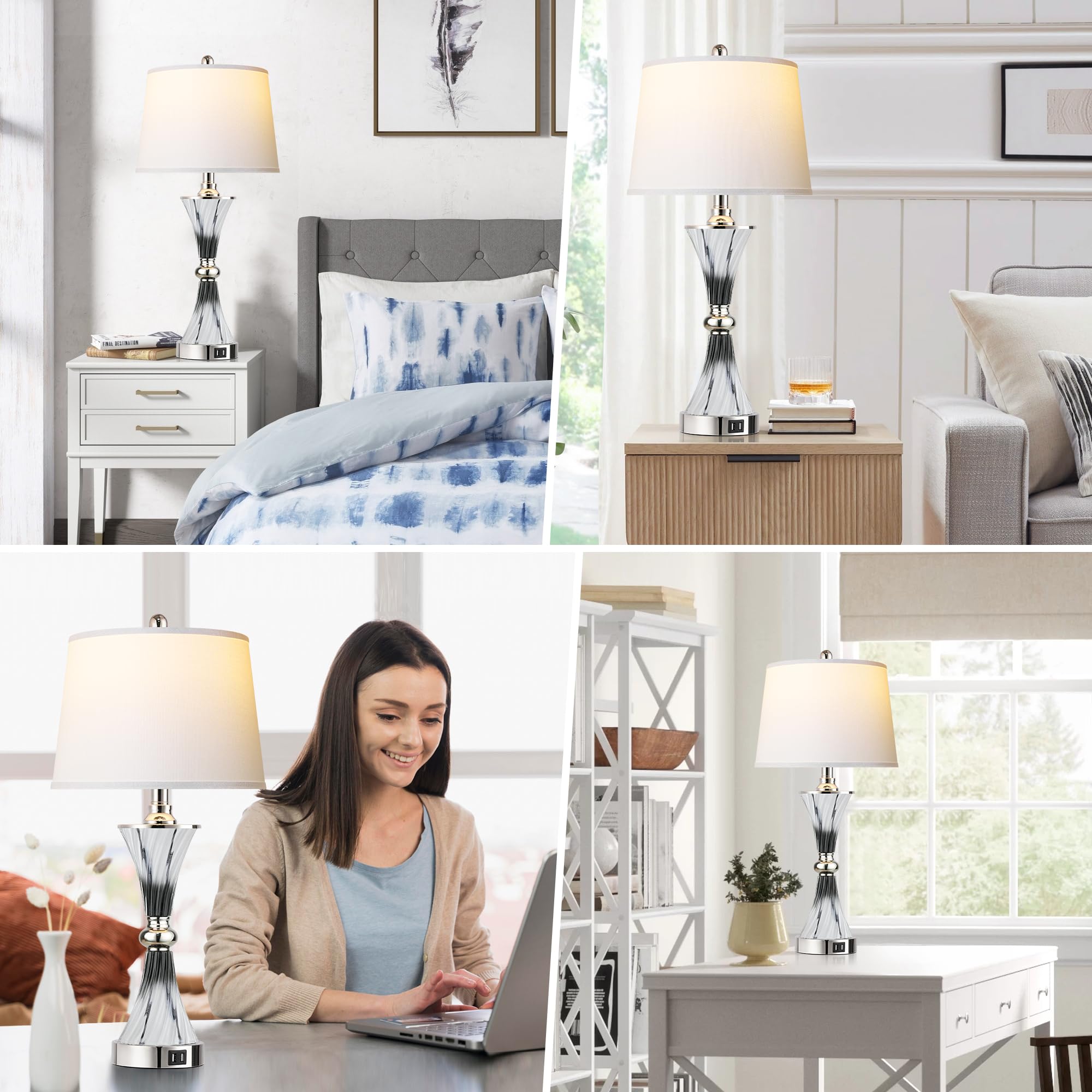 3-Way Dimmable Touch Control Bedside Table Lamps - Set of 2 with USB Charging Ports, Modern Nightstand Lamps for Bedroom & Living Room in Dark Grey & White - Perfect for Reading, Decor & Minimalist Home Office Lighting