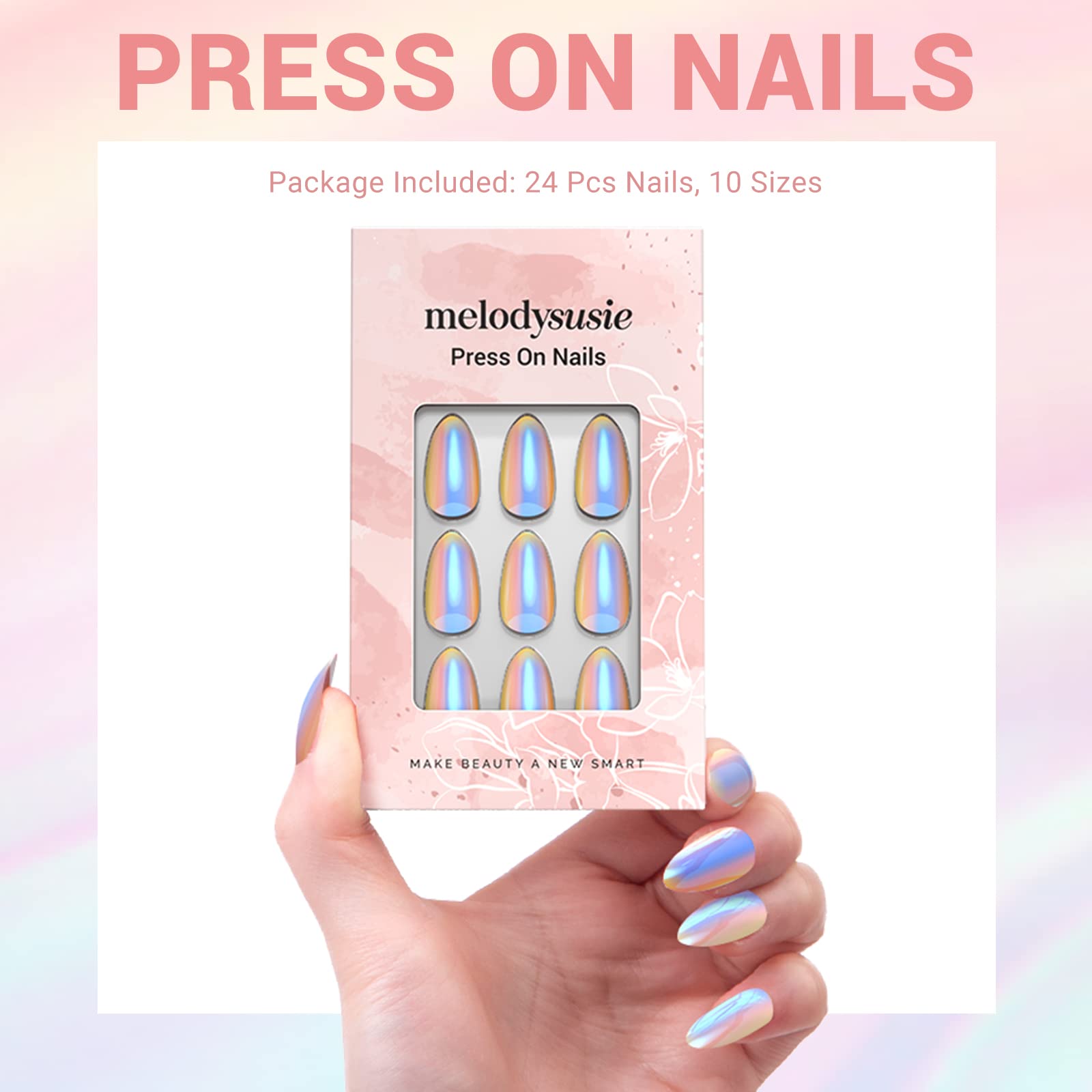 MelodySusie Press On Nails - 24Pcs Short Almond Shape Fake Nails Kit with Jelly Glue | Glossy Finish, 10 Sizes | Perfect for Daily Wear, Parties & Special Occasions