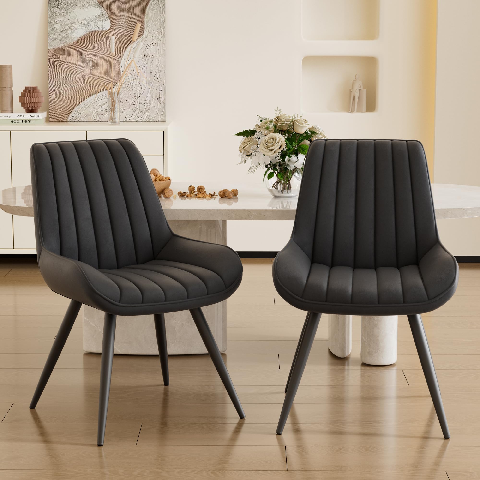 Mid Century Modern Dining Chairs Set of 2 - Upholstered Fabric Kitchen Chairs with Soft Cushion, Comfortable Black Dining Room Chairs for Home & Restaurant Use