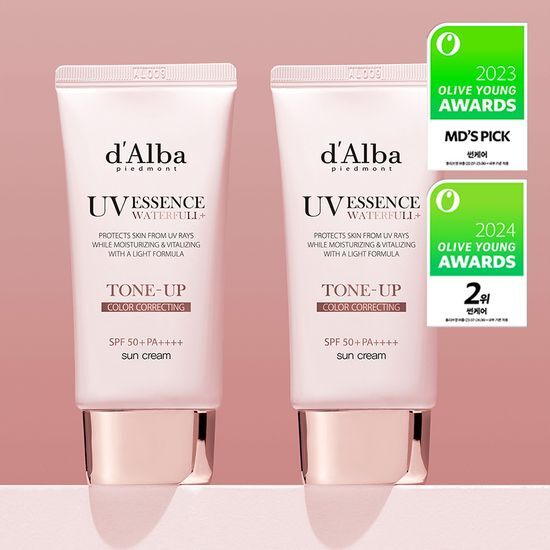 D'Alba Waterfull Tone Up Essence Sun Cream SPF50+ PA++++ 50ml x 2 Set - Pink | Brightening & Hydrating Sunscreen for Face | Perfect for Daily UV Protection & Makeup Base