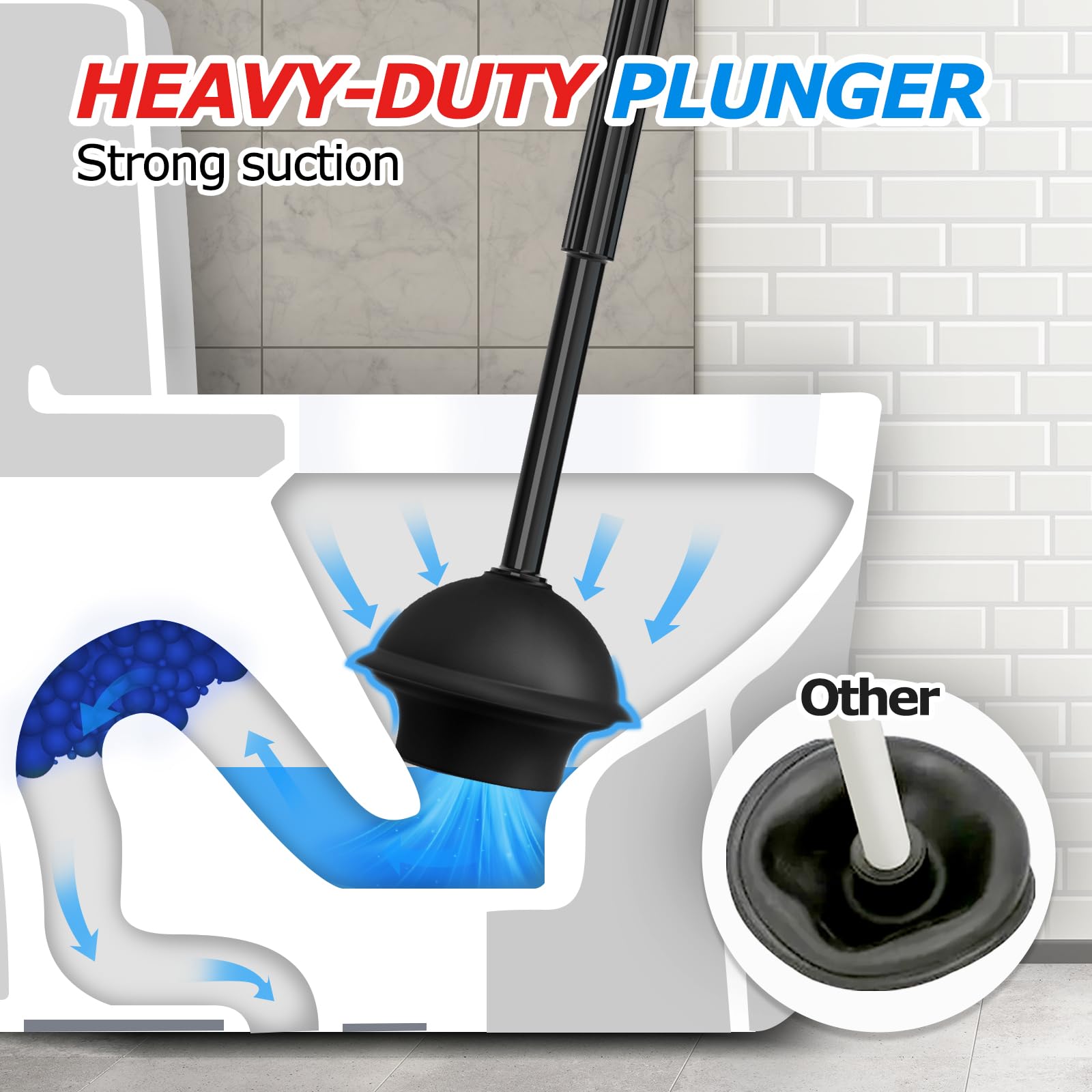 2 in 1 Toilet Plunger and Brush Set with Extended Handle - Heavy Duty Bathroom Cleaning Tools for Clogged Drains and Toilet Bowl Cleaning - Perfect for Home, RV, and Commercial Use