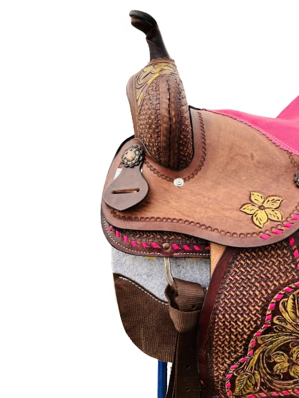 Genuine Leather Western Kids Barrel Saddle with Floral Tooling - Youth Rodeo Saddle for Barrel Racing, Trail Riding & Horseback Riding Practice - Perfect for Young Riders & Beginners