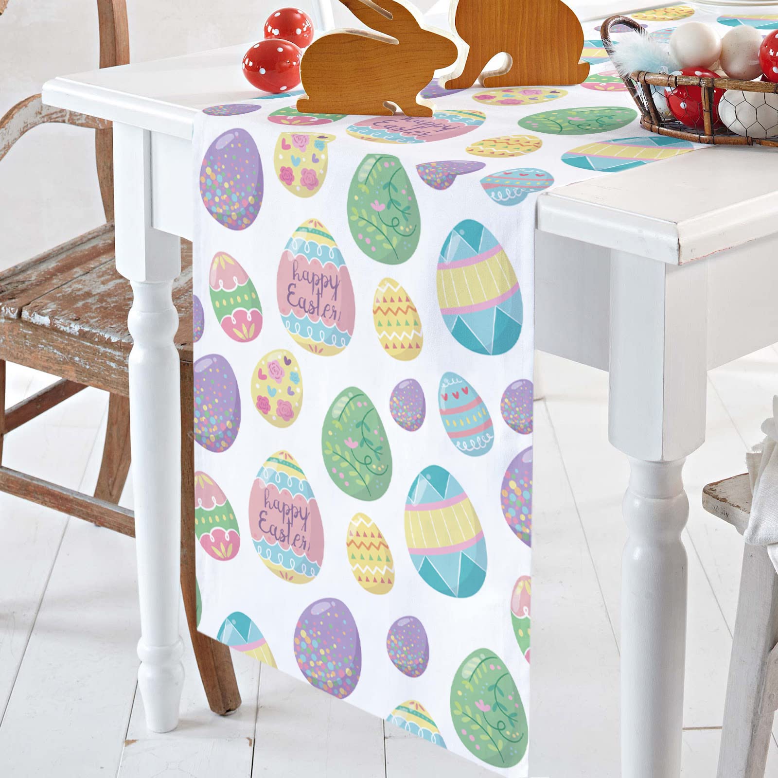 Easter Table Runner 13x90 Inch - Waterproof Spring Tablecloth with Easter Egg Design for Holiday Party, Home Kitchen & Dining Room Decor - Perfect for Easter Celebrations, Brunch Gatherings and Seasonal Home Styling