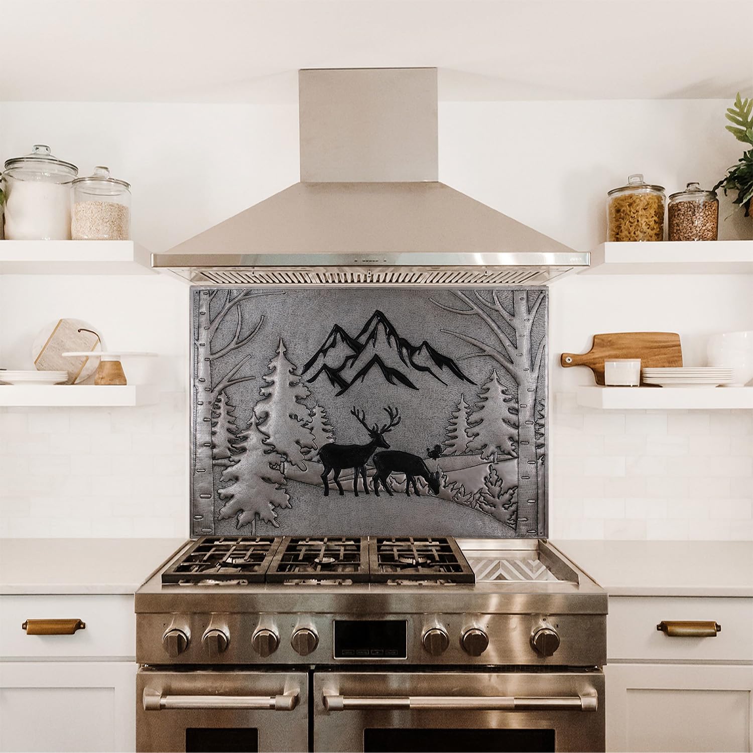 Handmade Copper Kitchen Backsplash Panel - Pine Trees & Mountain Scenery with Deer Design - Custom Copper Backsplash Tile for Indoor & Outdoor Wall Decor (Gray & Black) - Perfect for Rustic Kitchens, Cabins, and Nature-Inspired Home Decor