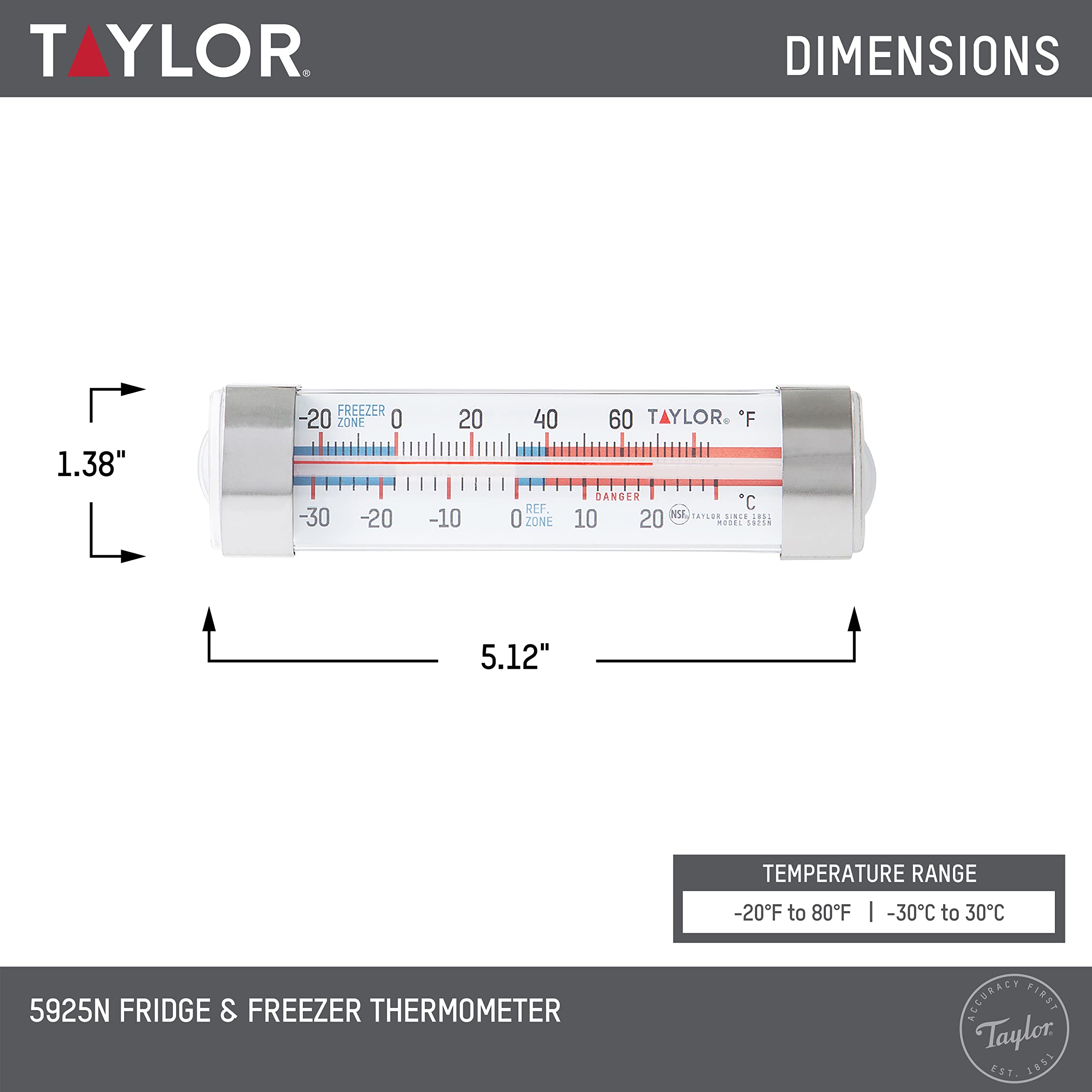 Taylor Large Tube Analog Refrigerator and Freezer Thermometer with Suction Cups - Accurate Temperature Monitor for Fridge, Freezer & Kitchen - Easy to Read Display for Food Safety & Storage Monitoring