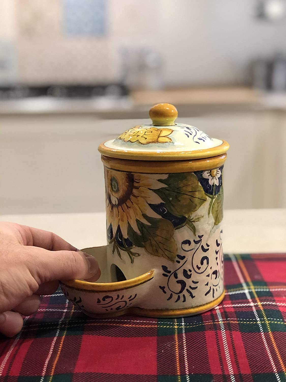 Hand-Painted Italian Ceramic Jar - Tuscan Sunflower Landscape Salt Holder | Artisanal Tuscan Pottery Made in Italy | Perfect for Kitchen Decor & Tabletop Display