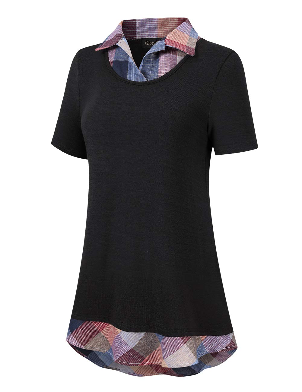 GloryStar Women's Long Sleeve Patchwork Blouse with Contrast Collar - Elegant Work Tunic Top for Office, Business Casual & Fall Fashion Outfits