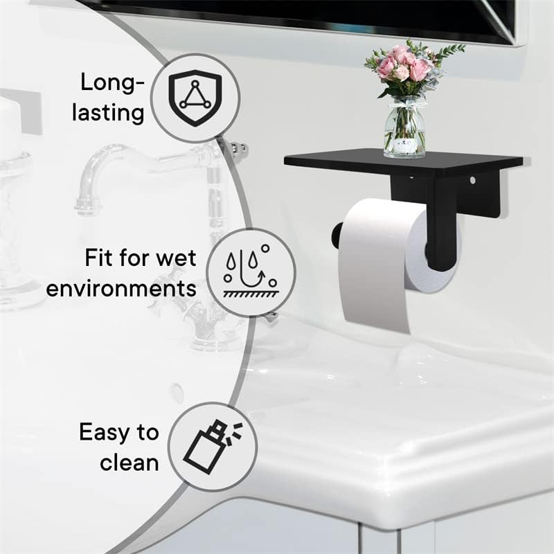 Premium Wall Mounted Toilet Paper Holder with Natural Marble Shelf - Black Bathroom Tissue Dispenser for Mega Rolls (7.87