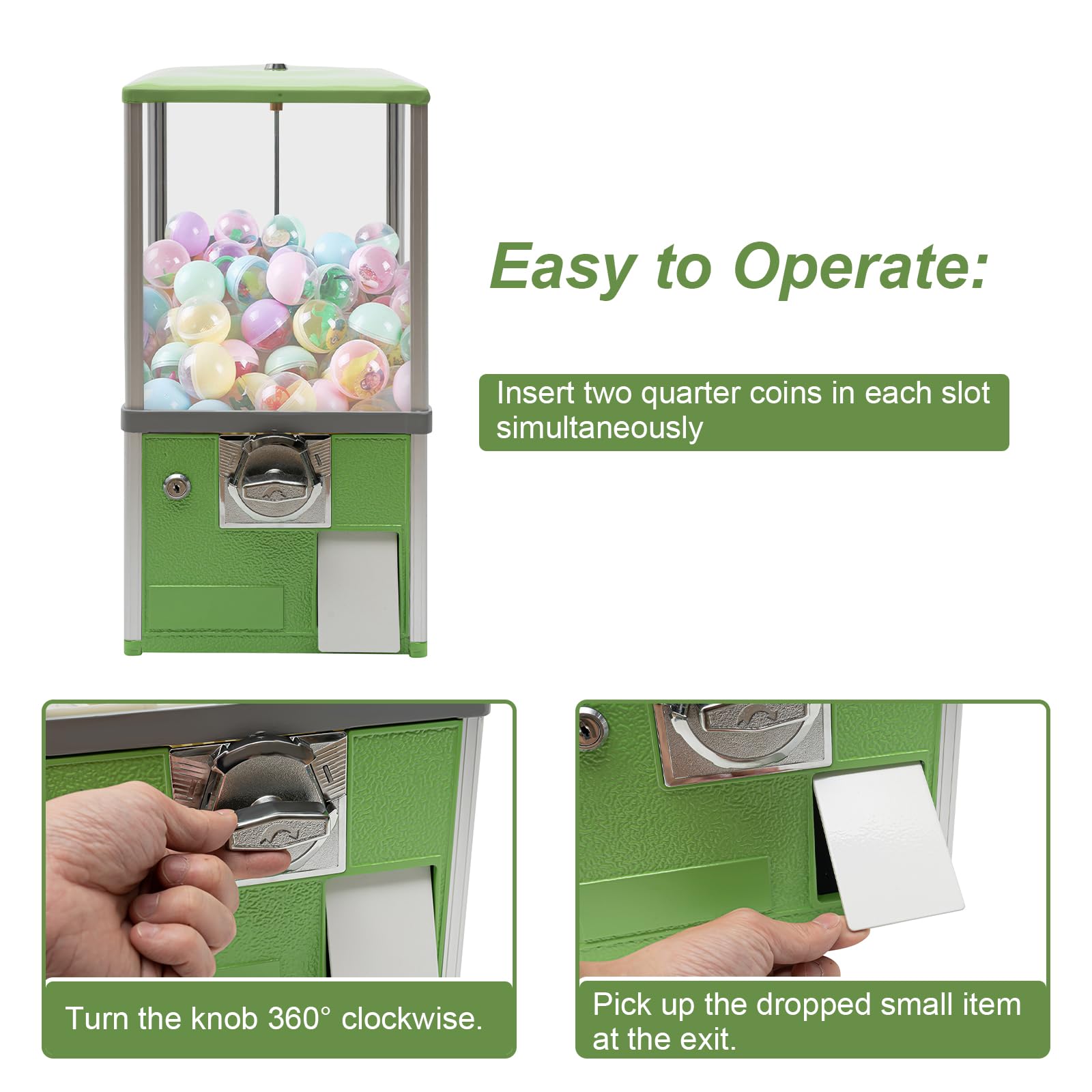 25 Cent Coin Operated Toy Capsule Vending Machine - 1.77-1.97 Inch Commercial Gumball & Candy Dispenser for Retail Stores, Arcades & Parties (Green) - Perfect for Kids Entertainment, Birthday Events & Small Business Use