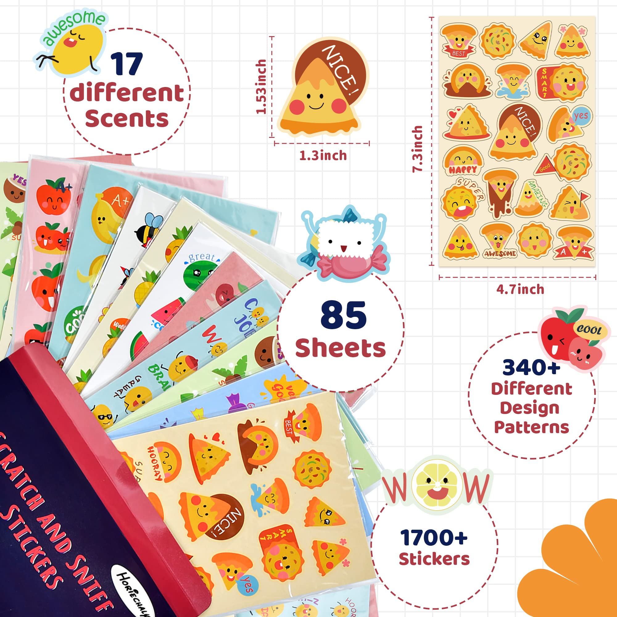 HORIECHALY Scratch and Sniff Stickers for Kids - 85 Sheets with 17 Fun Scents, 1600+ Scented Stickers Featuring Cute Food & Fruit Designs - Perfect for Classroom Rewards, Party Favors & Sensory Play