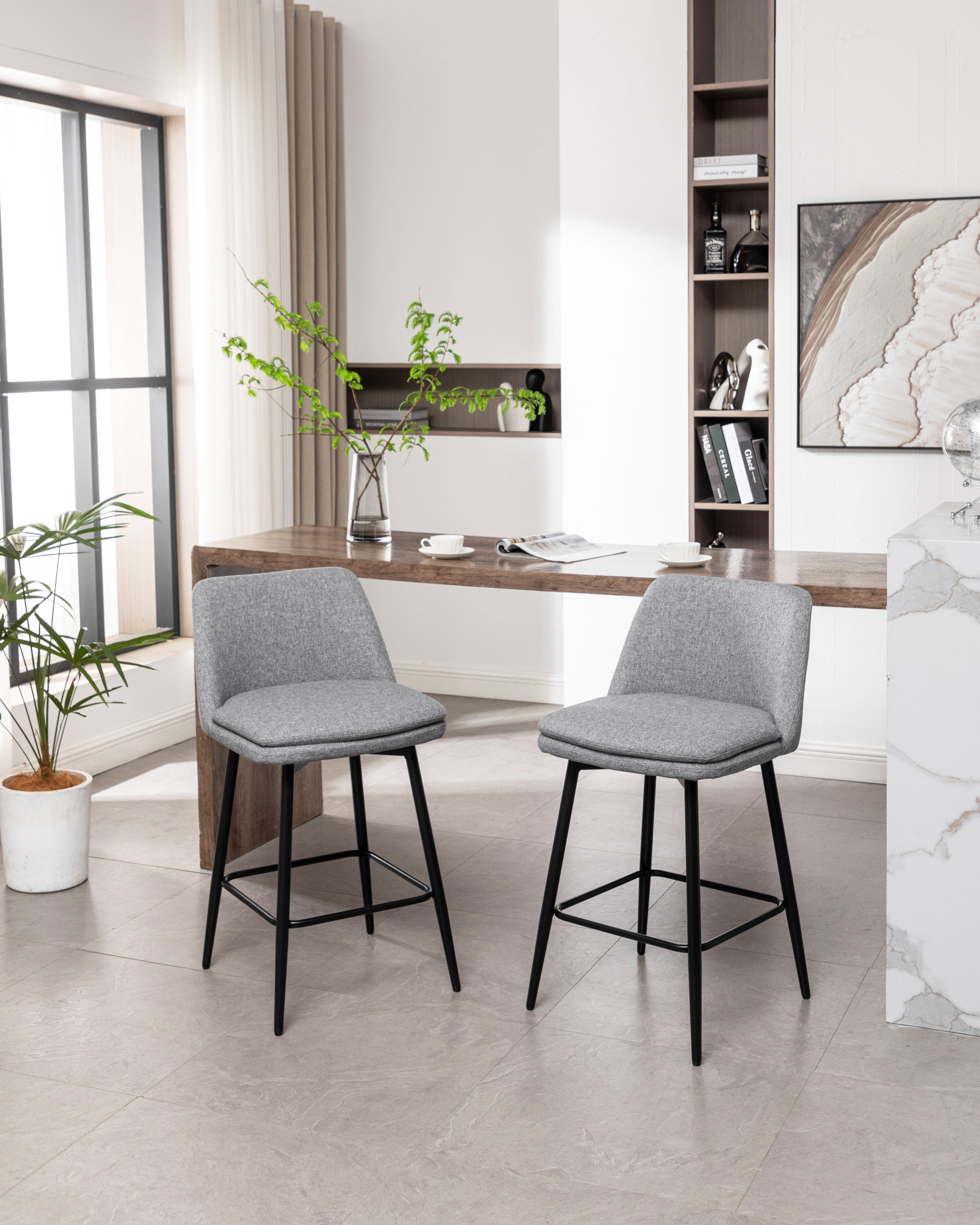 360° Swivel Counter Height Bar Stools Set of 2 - Upholstered with Back Support & Sturdy Metal Legs, 25.6