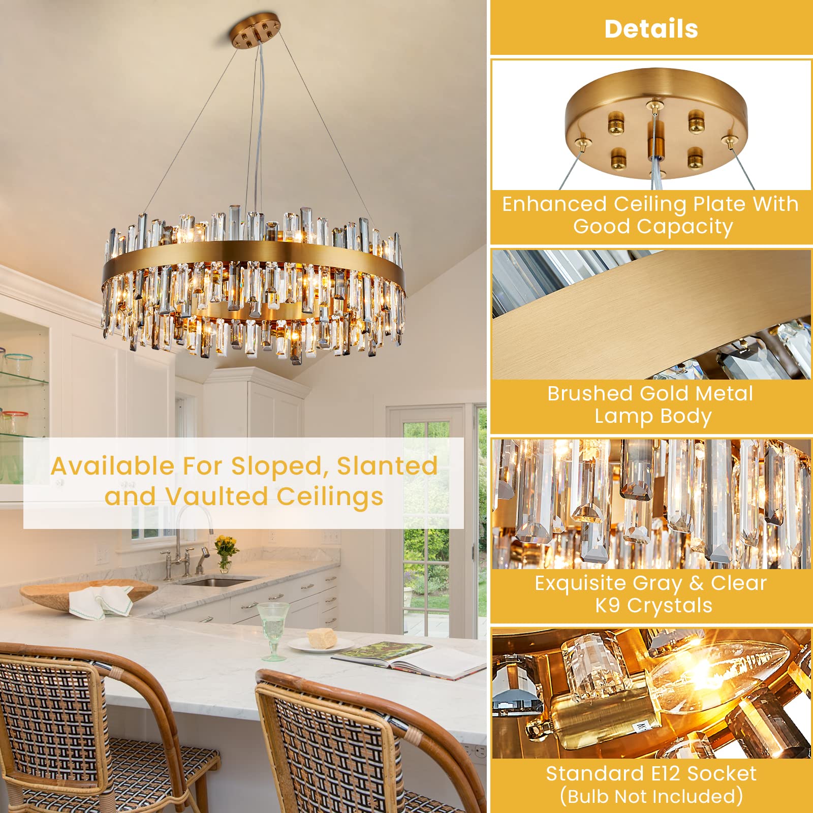 Siljoy Modern 16-Light Crystal Chandelier - Luxury Gold Round 2-Tier Raindrop Design, Dimmable Flush Mount Ceiling Light for Dining Room, Living Room, Entryway & Foyer (31.5