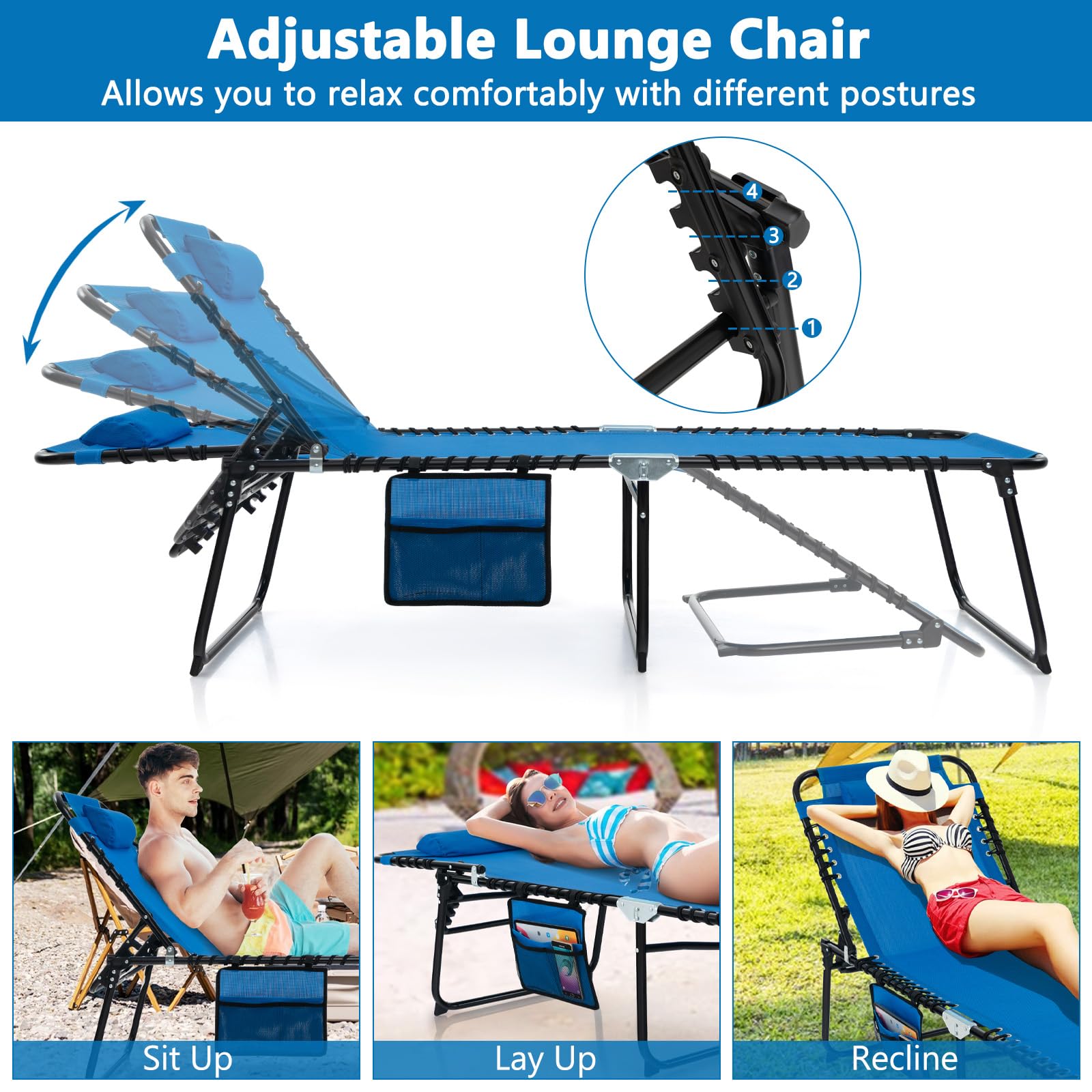 Giantex 2-Pack Folding Patio Lounge Chairs with Headrest - Adjustable Tanning Chairs for Outdoor, 4 Position Settings & Side Pocket - Perfect for Backyard, Poolside, Beach Sunbathing & Camping - Navy Blue