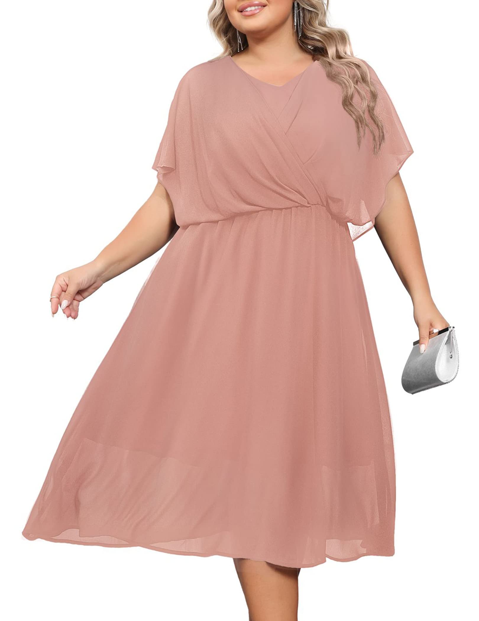 Hanna Nikole Women's Plus Size Chiffon Cape V-Neck Swing Midi Dress for Wedding Guest, Formal Cocktail Party & Special Occasions | Elegant Flowy A-Line Dress for Bridesmaid, Evening Gala & Dinner Date