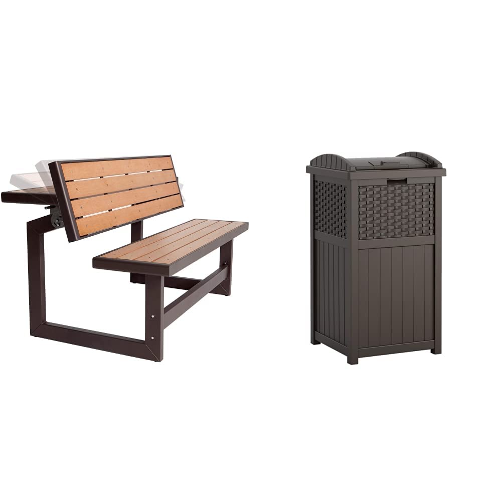 Lifetime 60054 Convertible Bench and Table Set with Faux Wood Construction | Suncast 33 Gallon Hideaway Can Outdoor Trash Bin with Lid | Weather-Resistant Brown Resin | Perfect for Backyard, Deck, Patio, Garden, and Outdoor Entertaining