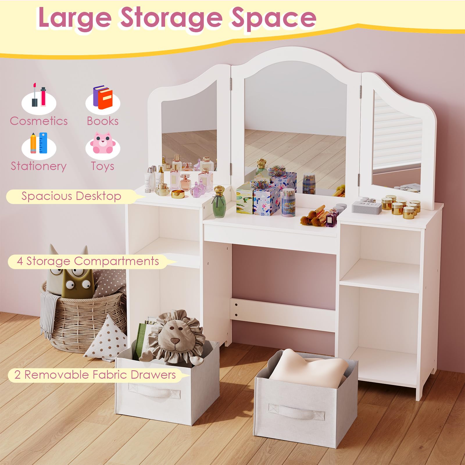 Arlopu Kids Vanity Set - Wooden Princess Dressing Table with Tri-Folding Mirror, Stool & Canvas Drawer for Little Girls (White) | Perfect for Pretend Play, Birthday Gifts & Bedroom Decor