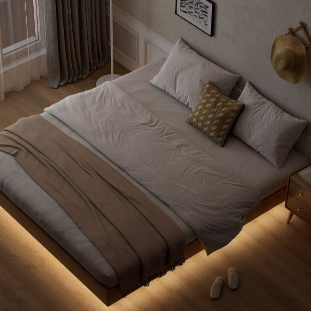 Solid Oak Wood Floating Platform Bed - No Headboard Modern Minimalist Bed Frame with LED Lights for Bedroom, Guest Room, or Studio Apartment