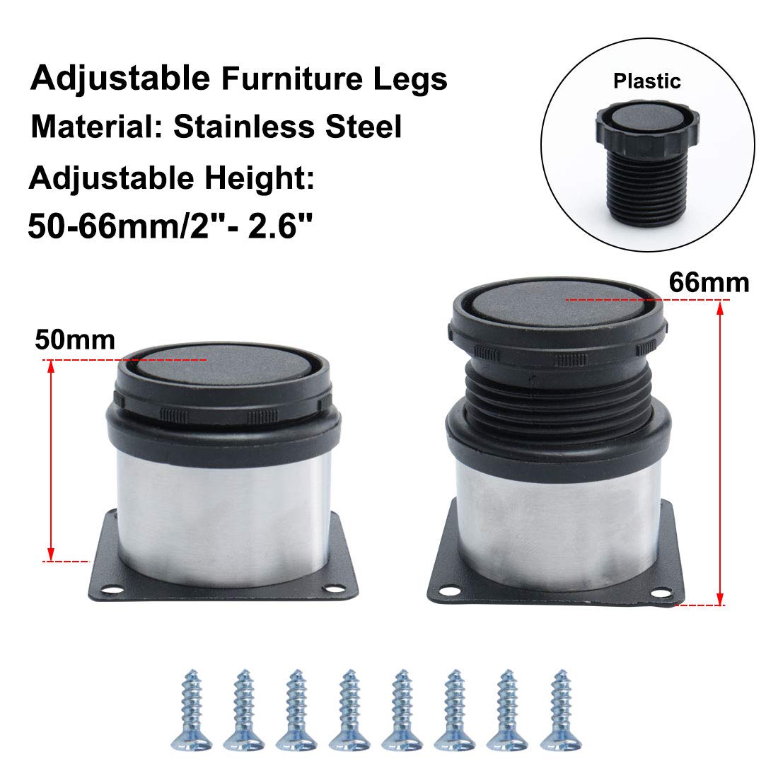 uxcell 2 Inch Stainless Steel Adjustable Furniture Legs - Set of 4 for Sofa, Table, Cabinet, Wardrobe & Shelves | Heavy Duty Worktop Feet Replacement | Perfect for Home Office & Kitchen Counter Height Adjustment