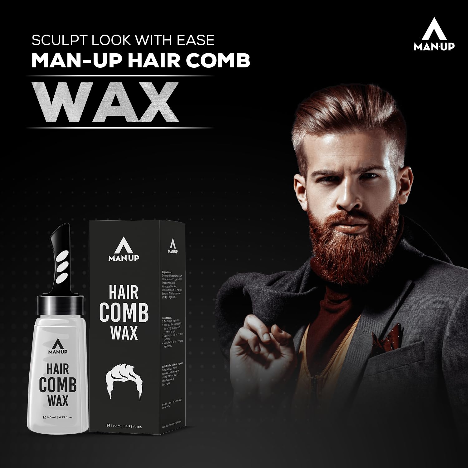 Man-Up Hair Comb Wax | 2-in-1 Men's Styling Gel with Comb for Strong Hold & Wet Look | Long Lasting Moisturizing Hair Wax (140ml) | Perfect for Daily Grooming, Parties & Special Occasions