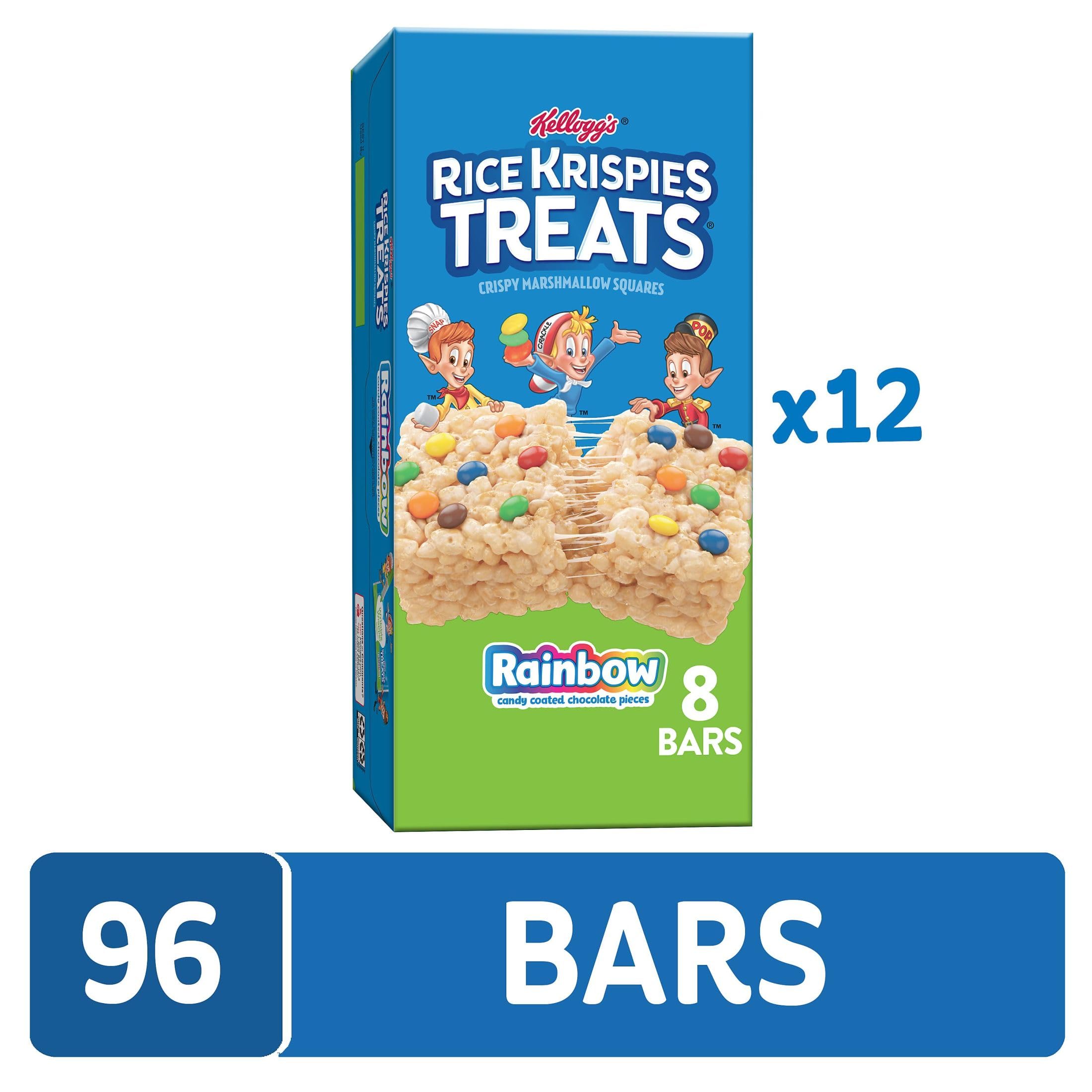 Kellogg's Rice Krispies Treats Marshmallow Snack Bars - 12 Boxes (96 Bars) - Colorful Rainbow Variety - Perfect for Kids Lunches, School Snacks & After-School Treats - Gluten Free Snack for Classrooms, Birthday Parties & Road Trips