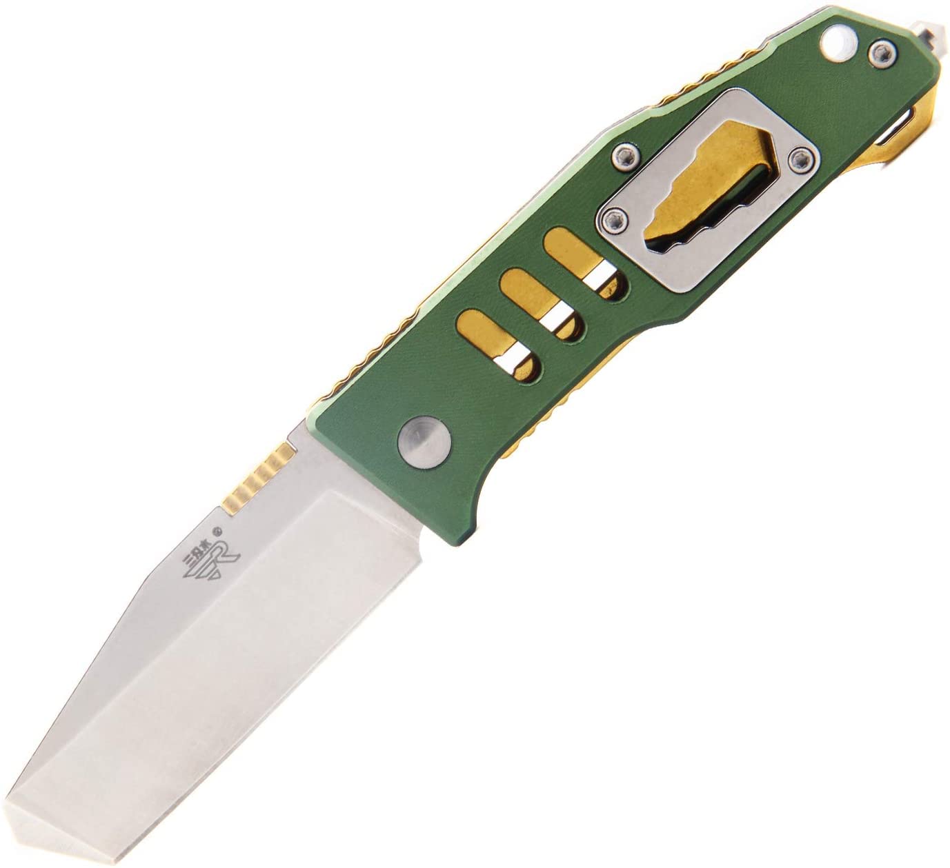 Sanrenmu 7046 Folding Pocket Knife with Tanto Blade - Multi-Tool Survival Knife for Camping, Hiking & Outdoor Activities (Green & Gold)