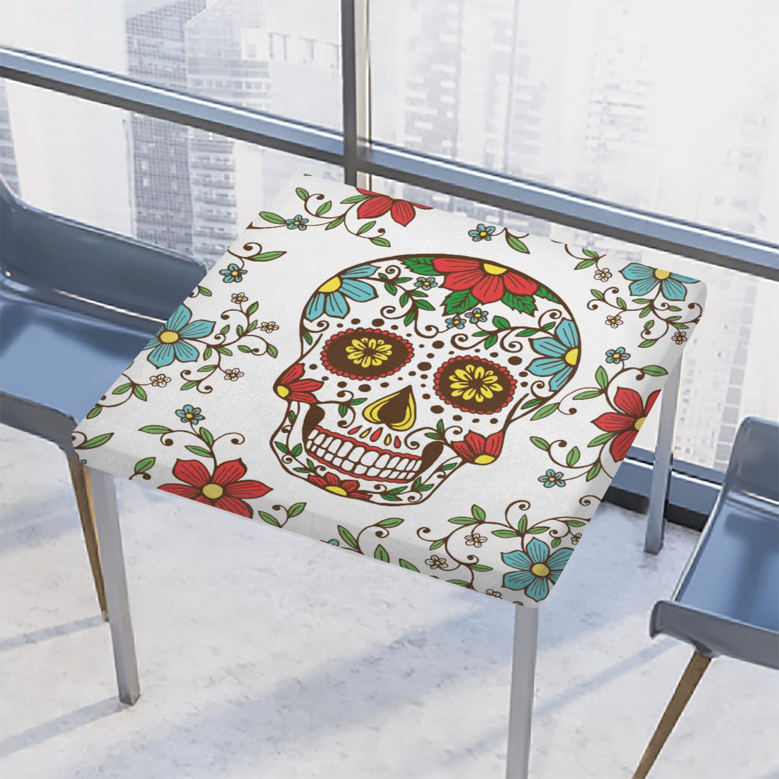 Mexican Sugar Skull Floral Elastic Edge Tablecloth - Waterproof Wipeable Fitted Square Table Cover 34x34 Inch for Dining, Kitchen, Party, Patio - Perfect for Day of the Dead Celebrations & Festive Gatherings