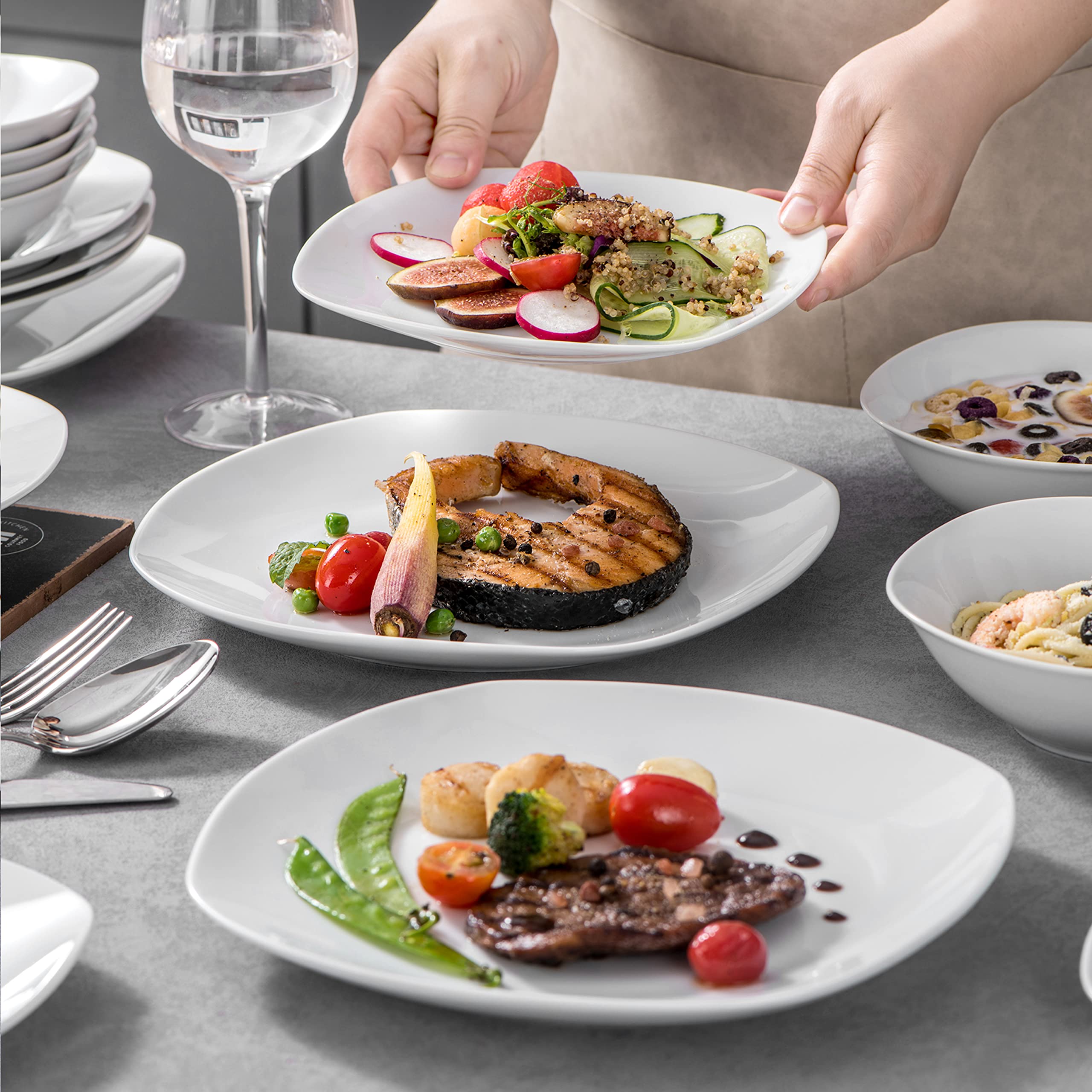 MALACASA 48-Piece Square Dinnerware Set - Gray & White Porcelain Plates and Bowls for 12 People | Lightweight Dish Set for Everyday Dining, Parties & Restaurant Use | Elisa Series Dinnerware Collection