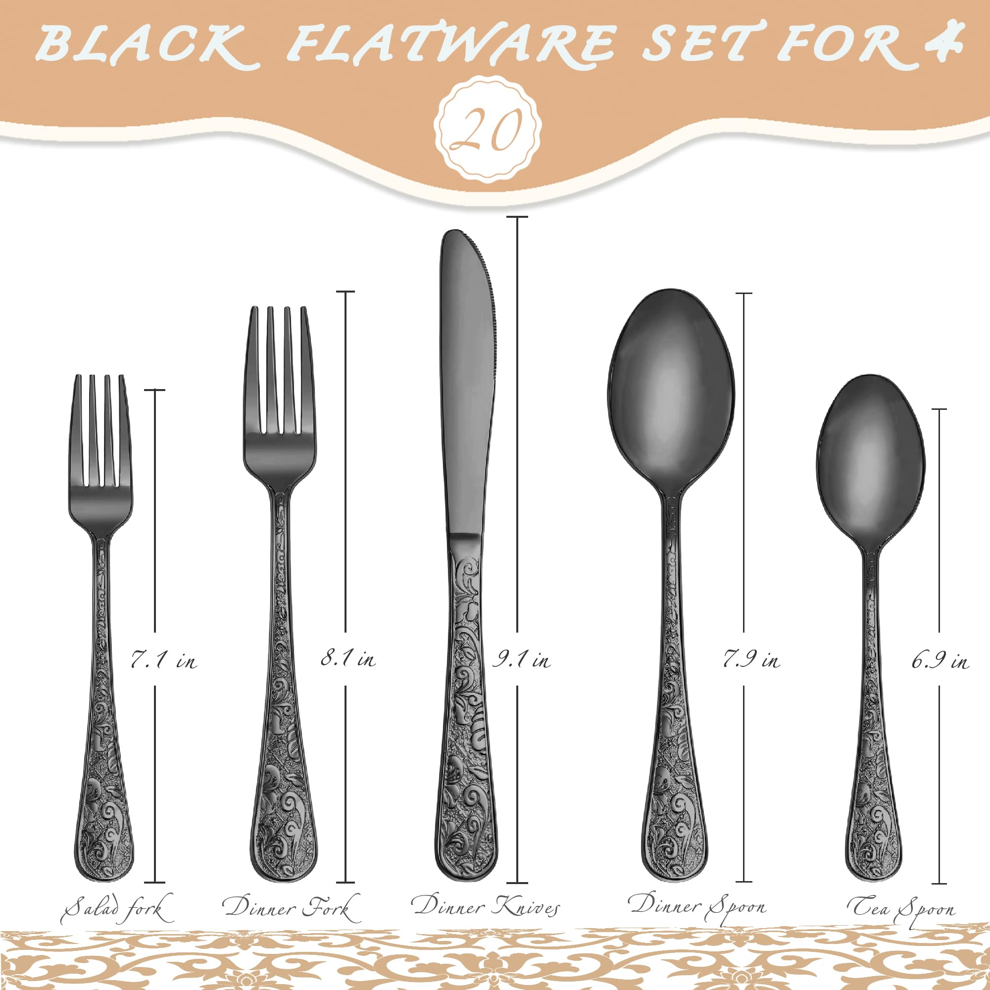 Vintage Carved Black Stainless Steel 20-Piece Flatware Set - Modern Embossed Cutlery Utensils with Forks, Spoons & Knives - Elegant Dinnerware for Restaurants, Weddings & Home Dining