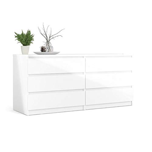 White High Gloss Levan Home 6-Drawer Engineered Wood Double Dresser for Bedroom Storage & Organization - Perfect for Master Bedroom, Guest Room, or Dorm Furniture