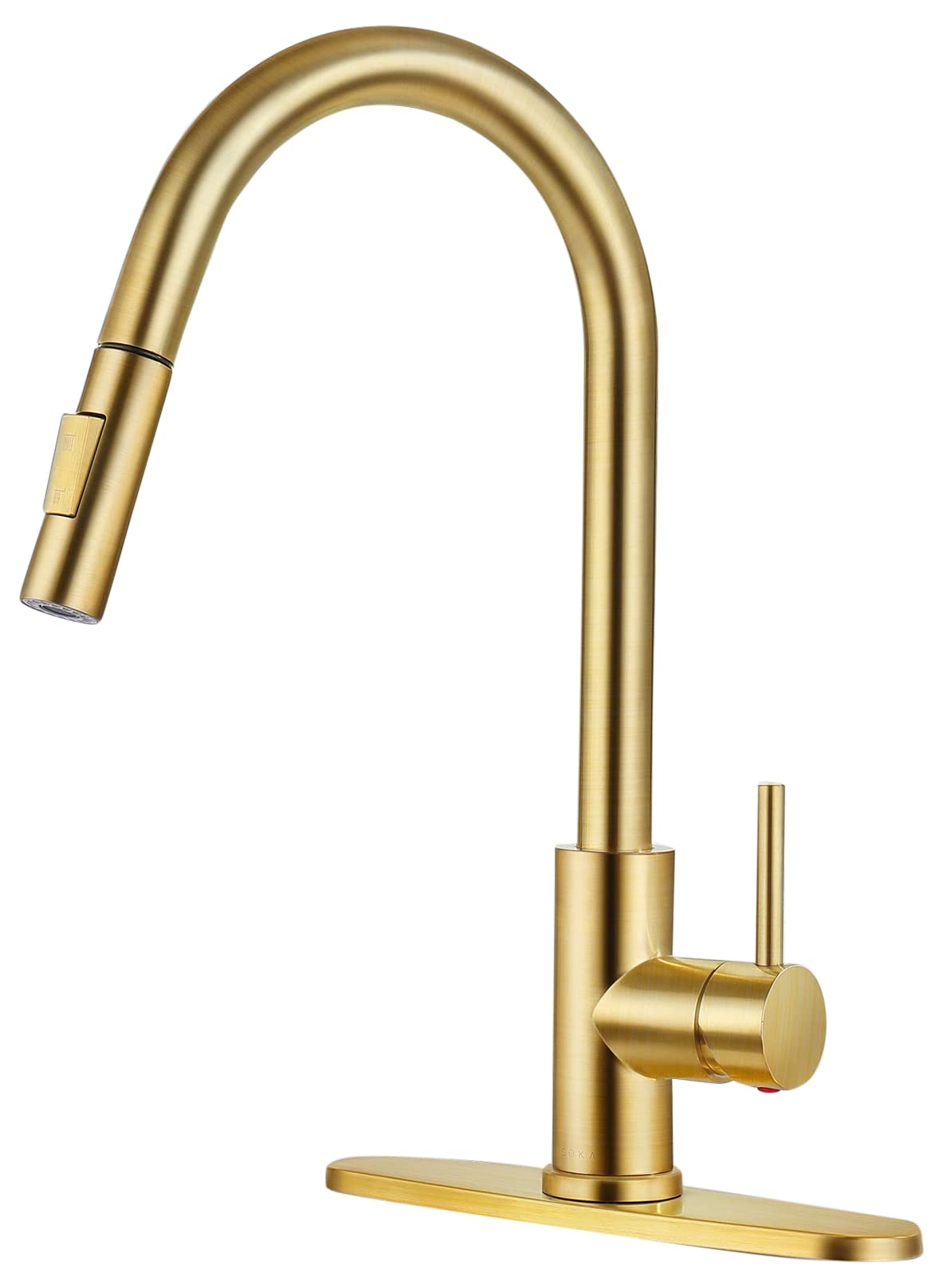SOKA Commercial Kitchen Faucet with Pull Down Sprayer - RV Touch Faucet for Kitchen Sink, Single Handle High Arc Gold Faucet for Travel Trailers - Fits 1 & 3 Hole with Deck Plate - Perfect for RV, Tiny Homes & Mobile Kitchens