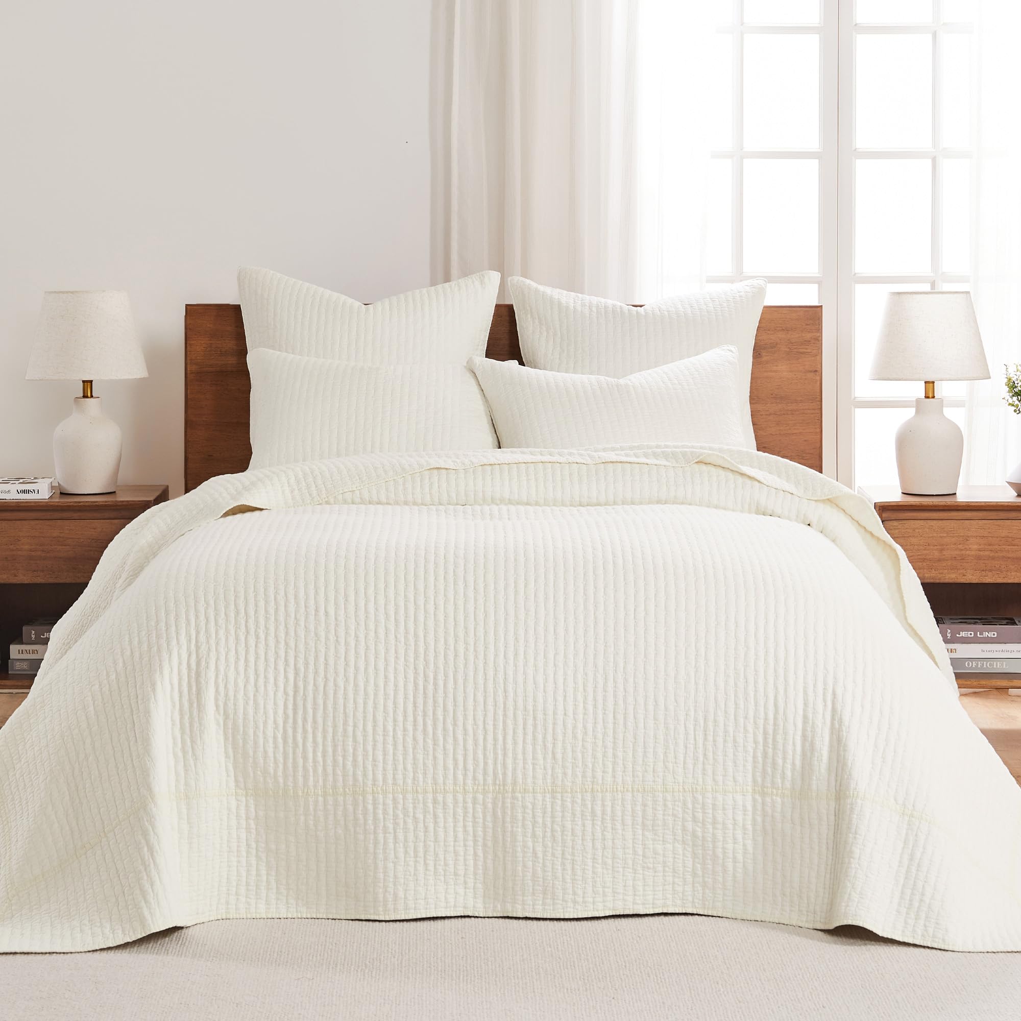 Levtex Home King Size Cross Stitch Cream Quilted Bedspread Set with 2 Shams - 100% Cotton Bedding (120x104in Bedspread + 20x36in Shams) - Elegant Cross Stitch Pattern for Master Bedroom Decor