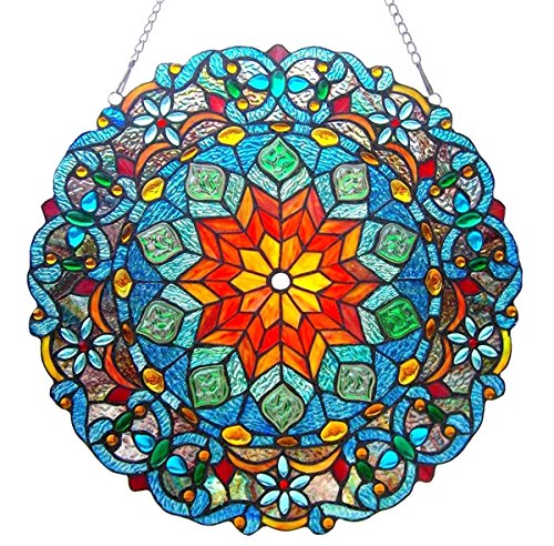 Chloe Lighting Blossom Tiffany-Style Stained Glass Round Window Panel - 21 Inch Diameter Decorative Art Piece for Home, Church & Office Decor