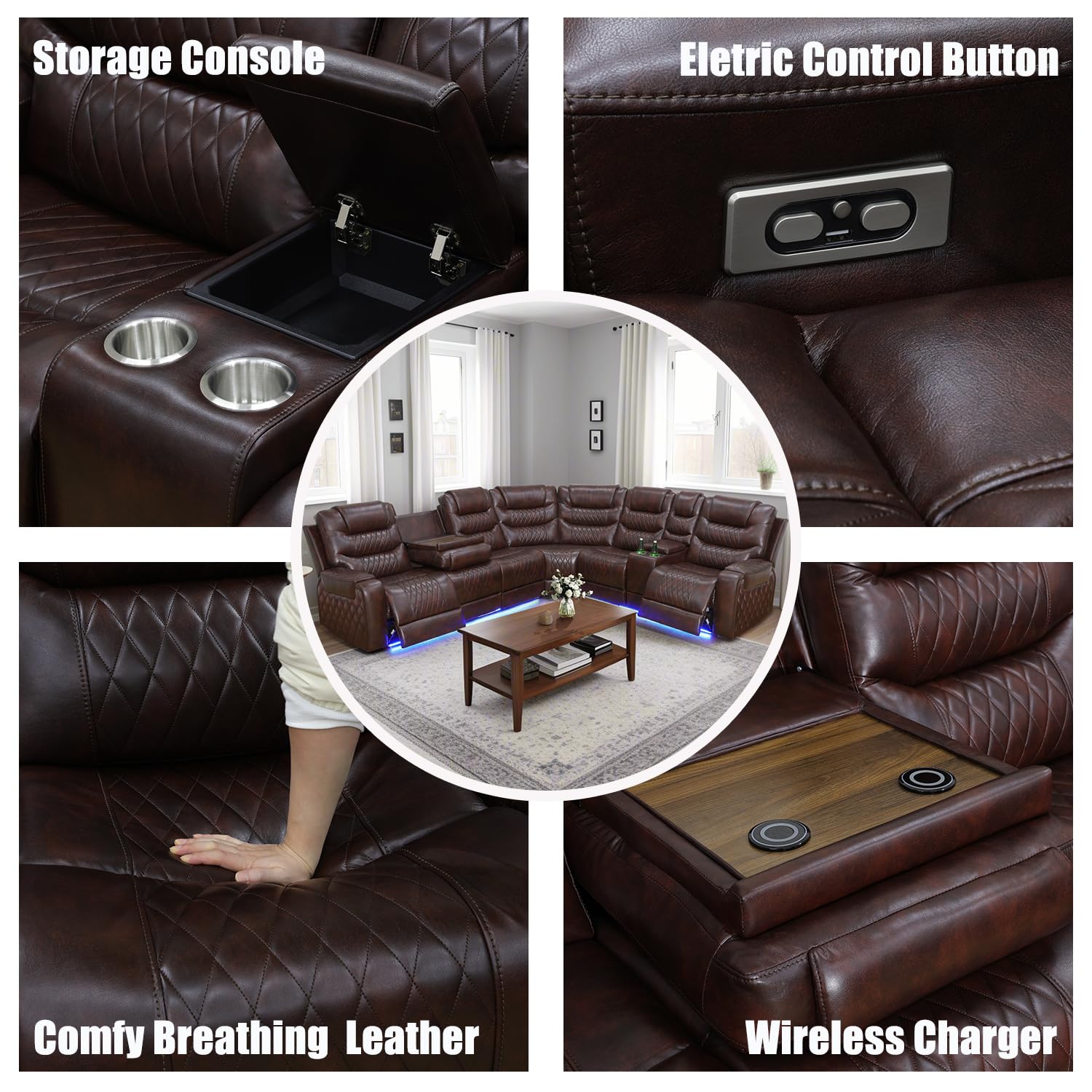 Power Reclining Sectional Sofa with USB Chargers & Storage Console - Genuine Leather Recliner Sofa Set for Living Room, Apartment, Office & Home Theater - Comfortable Modern Furniture (Brown) | Perfect for Family Movie Nights, Guest Entertaining & Relaxing After Work