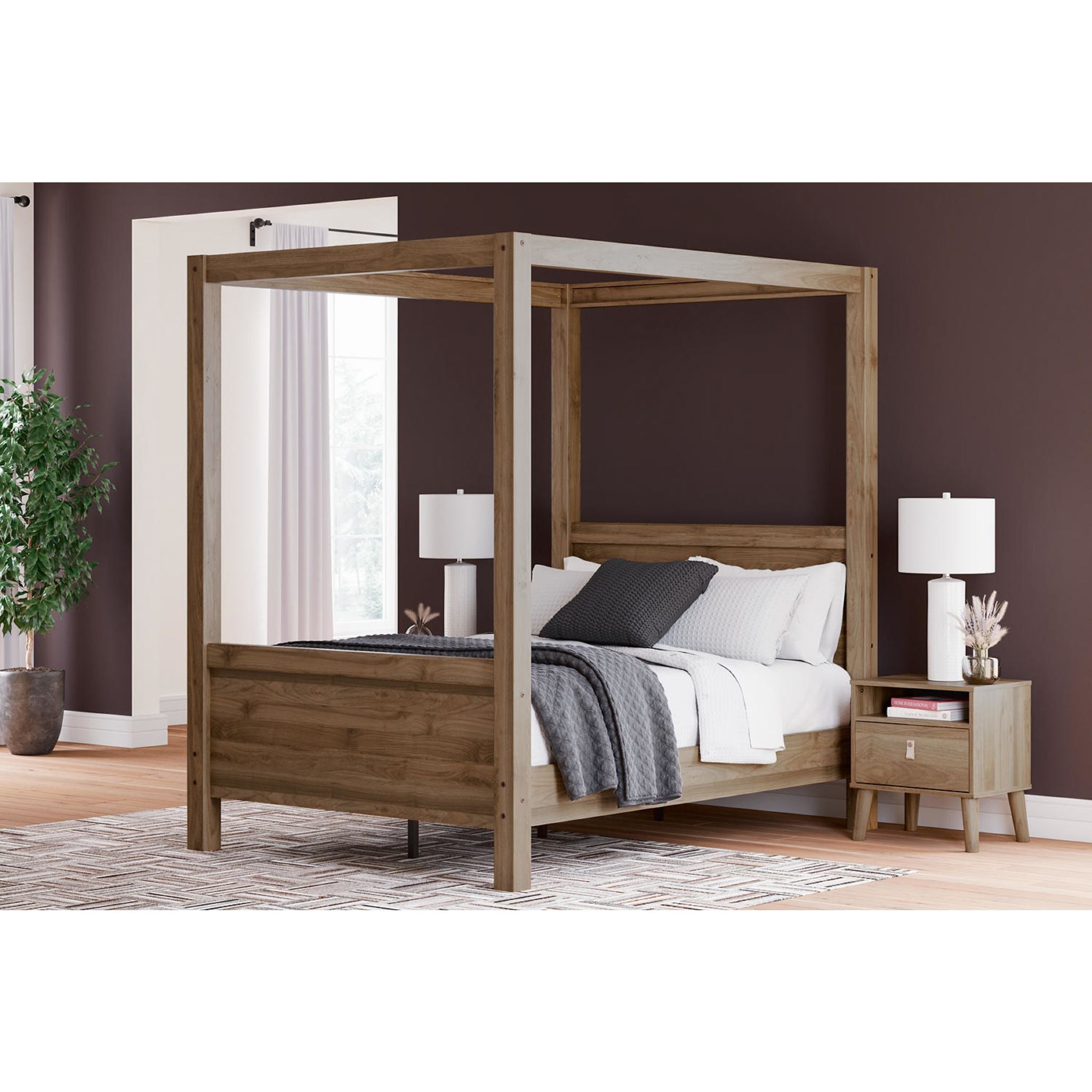 Aprilyn Full Canopy Bed in Honey Finish - Elegant Queen Size Canopy Bed Frame with Curtain Rods for Romantic Bedroom Decor, Perfect for Master Bedrooms, Guest Rooms & Bohemian Style Homes