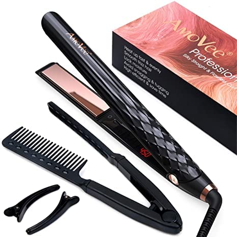 AmoVee 2 in 1 Flat Iron with Adjustable Temperature - 1 Inch Hair Straightener for All Hair Types (Straight, Curly, Wavy) - Perfect for Home Use, Travel & Salon Styling