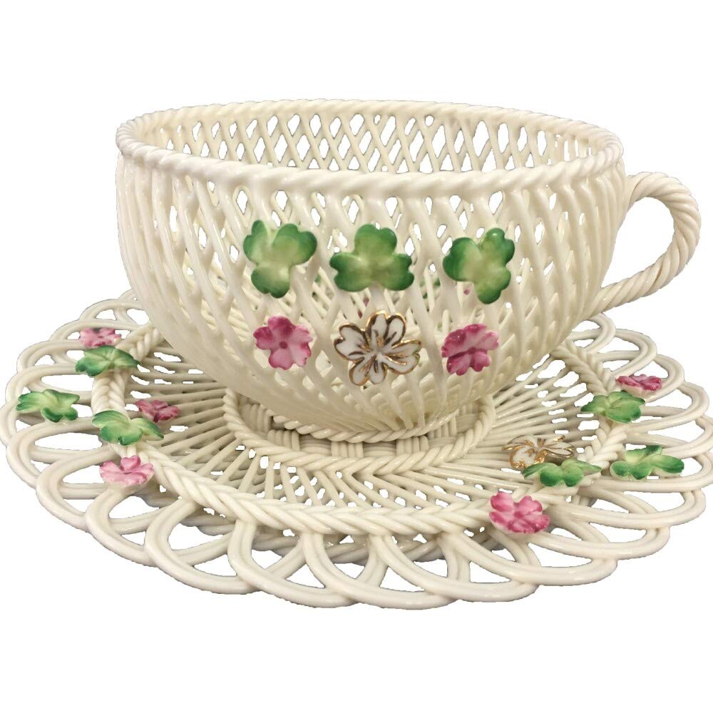 Belleek Spring Shamrock Cup and Saucer Set - Handcrafted Irish Porcelain Tea Cup with Clover Design - Perfect for St. Patrick's Day, Afternoon Tea, and Irish-Themed Gift Giving