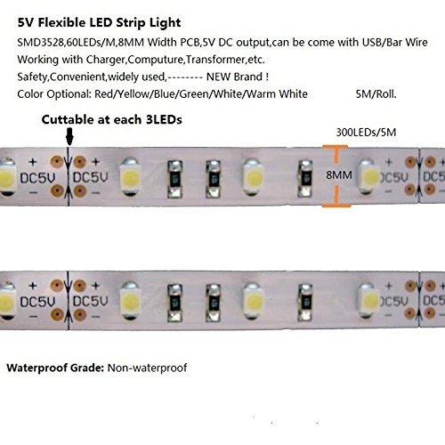 5V USB LED Strip Light 5M 300 SMD 3528 with 3M Adhesive Tape - Warm White 2800-3200K for TV Backlighting, Computer Monitor Lighting, Home Decoration & DIY Projects (Non-Waterproof)
