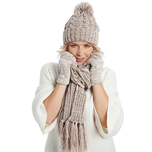 Cozy Fleece Lined Cable Knit Beanie Hat, Scarf & Gloves Set for Women & Men - Winter Warm Accessories for Skiing, Snowboarding & Outdoor Activities