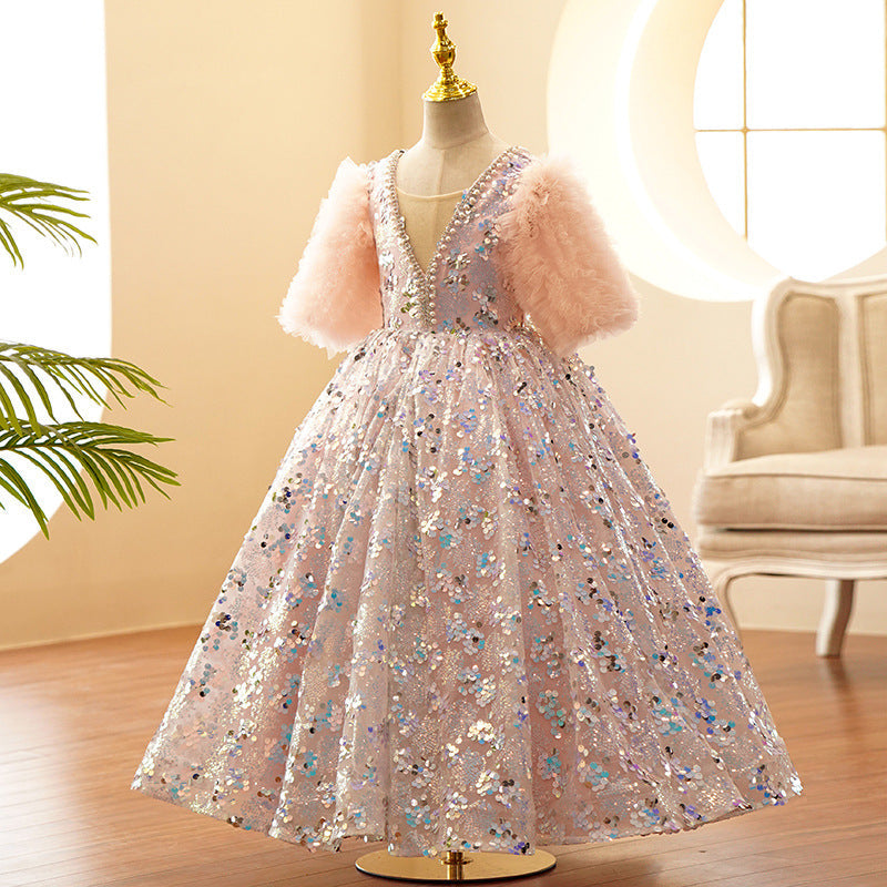 Sparkly Pink Sequin Flower Girl Dress with V-Neck & Sleeves - Perfect for Weddings, Pageants & Special Occasions