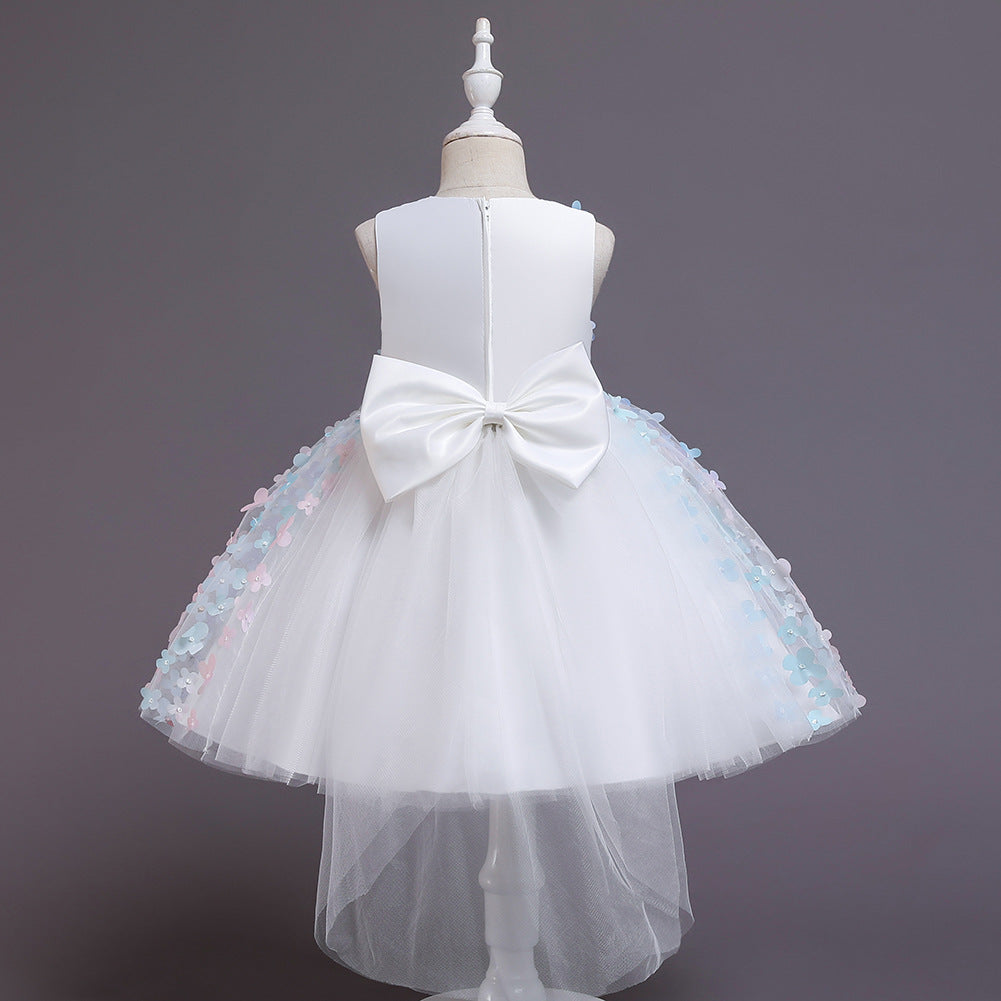 Elegant A-Line Tea Length Tulle Flower Girl Dress with Floral Appliques & Bow - Perfect for Weddings, Bridal Showers & Special Occasions