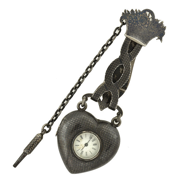 Victorian Sterling Silver & Niello Chatelaine Heart Watch Pendant - Antique Jewelry for Women, Elegant Pocket Watch Necklace - Perfect for Vintage Lovers, Historical Reenactments & Special Occasions
