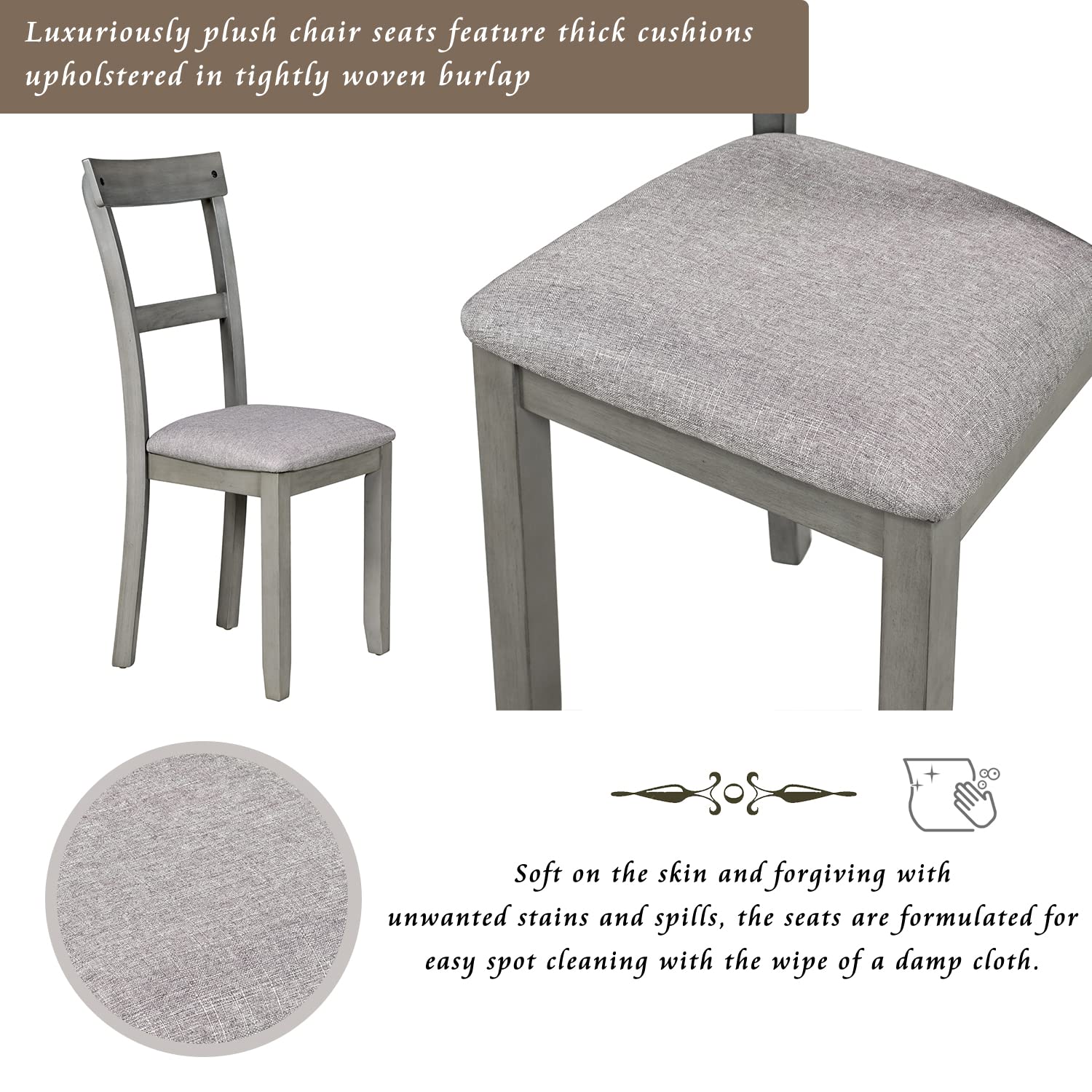 5-Piece Industrial Style Dining Table Set - Vintage Rectangular Wooden Kitchen Table with 4 Burlap Upholstered Chairs & Thick Cushions - Brown & Cottage White - Perfect for Farmhouse, Rustic & Modern Dining Rooms