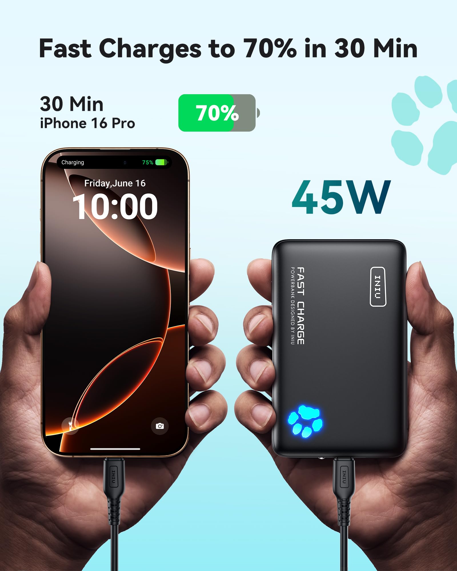 INIU 10000mAh 45W PD Portable Charger - Ultra Light Power Bank with USB C Fast Charging | Compatible with iPhone 16/15/14/13, Samsung S22/S21, Google Pixel, iPad | Perfect for Travel, Camping & Emergency Power Backup
