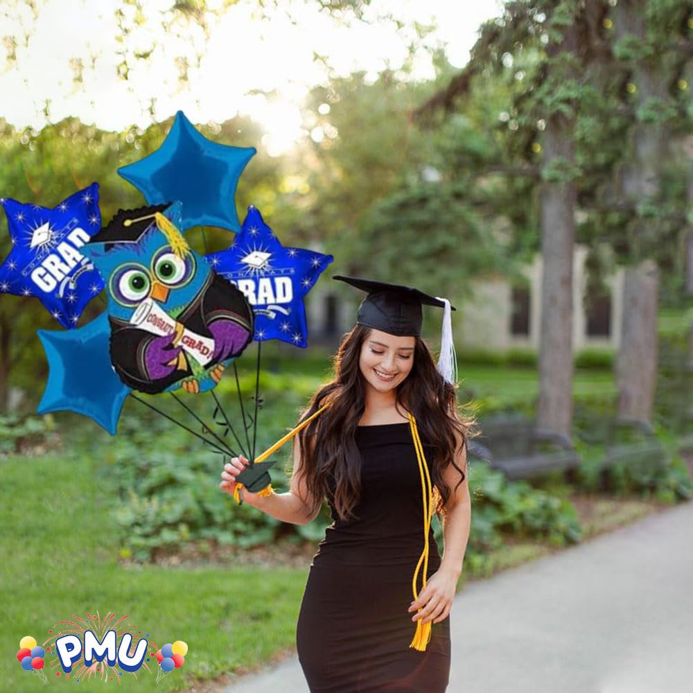 PMU Congrats Grad Balloon Bouquet - Graduation Decoration Mylar Balloons Set of 5 | Celebrate Success with Vibrant Blue 'Wise Owl Grad' Balloons | Perfect for Graduation Parties, School Events & Photo Backdrops