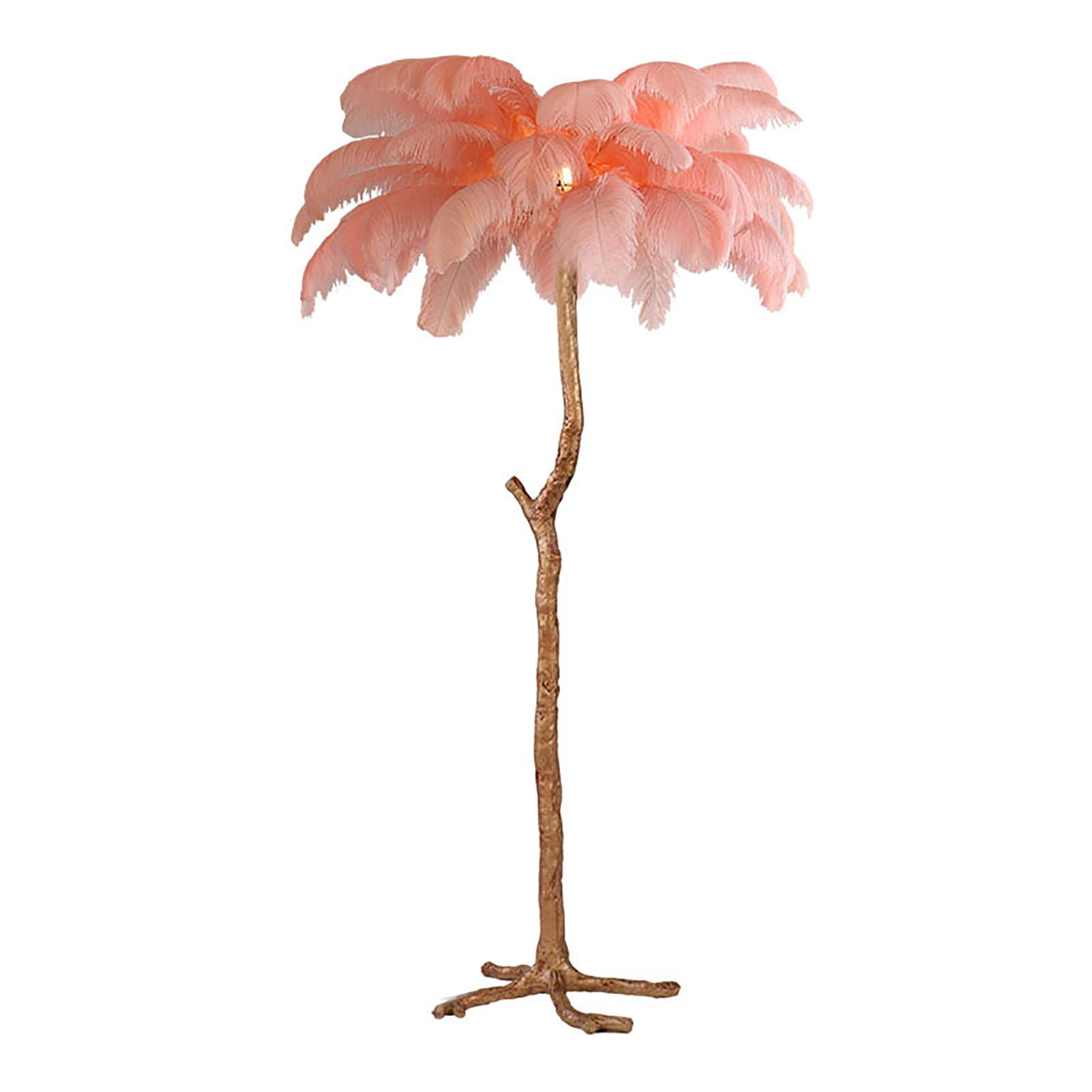 Nordic Style Ostrich Feather Table Lamp with Palm Tree Stand - Pink Bedside Light for Living Room, Bedroom & Home Decor - Perfect for Ambient Lighting and Cozy Spaces