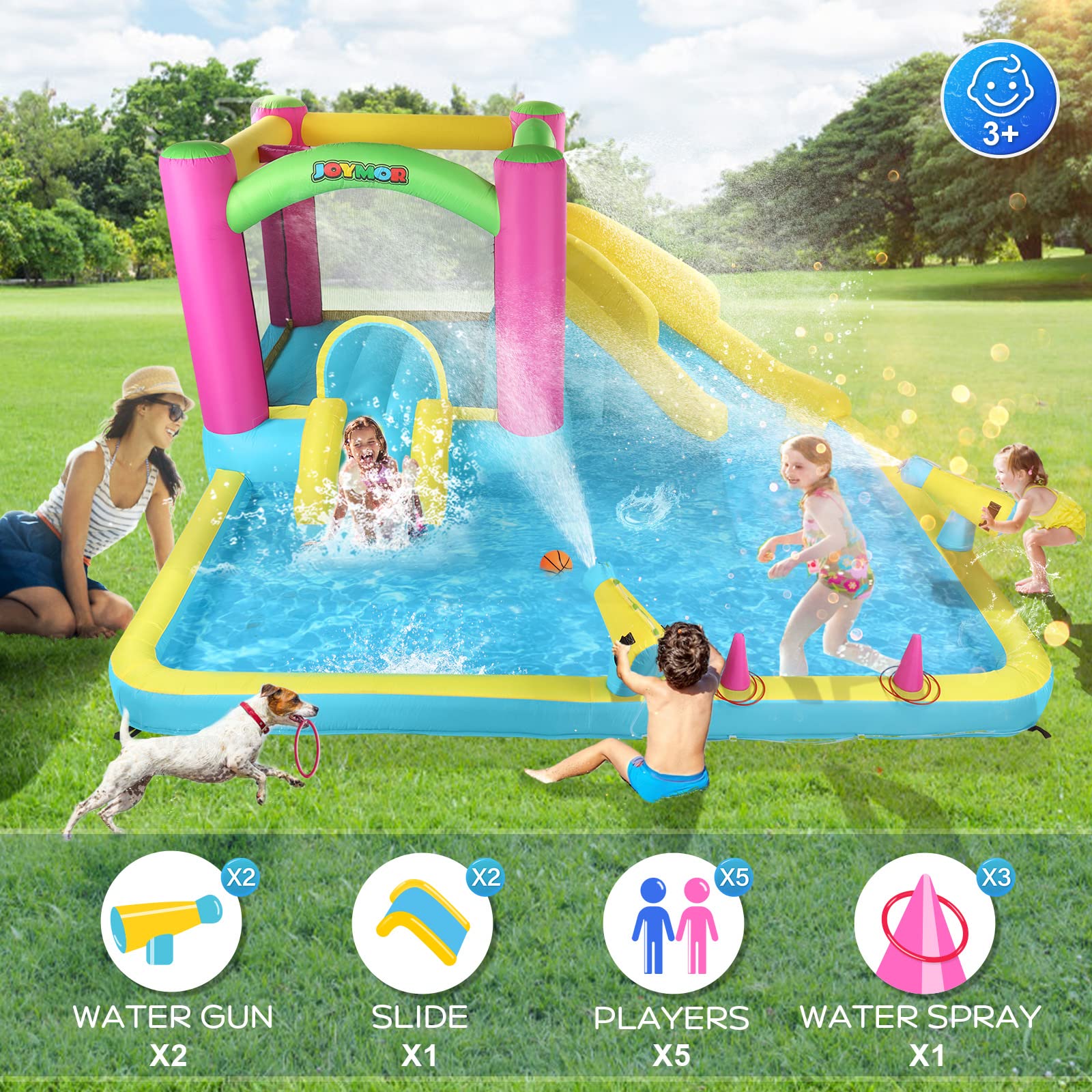 JOYMOR Inflatable Bounce House with Double Water Slide for Kids Ages 3-10 | Outdoor Water Play with Splash Pool, Water Cannons & Ring Toss Games | Indoor/Outdoor Bouncy Castle with Air Blower | Perfect for Backyard Parties, Summer Fun & Birthday Celebrations